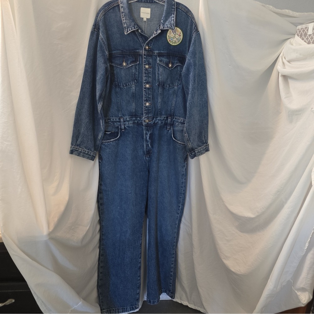 NWT Favorite Daughter "The Epic" Denim Jumpsuit Fargo W/Custom Floral Upcycle XL